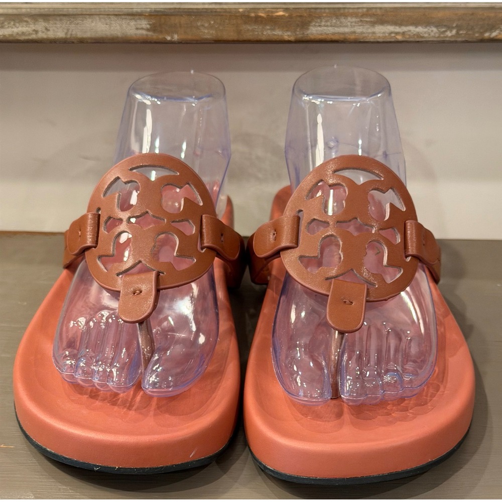 Tory Burch Miller Cloud Coral Tan Leather Logo Thong Platform Sandals Size 43 - Picture 4 of 6
